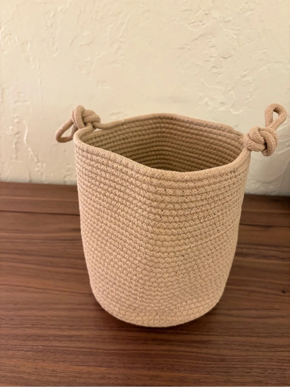 Beige Woven Rope Storage Basket with Knotted Handles 7” x 8”